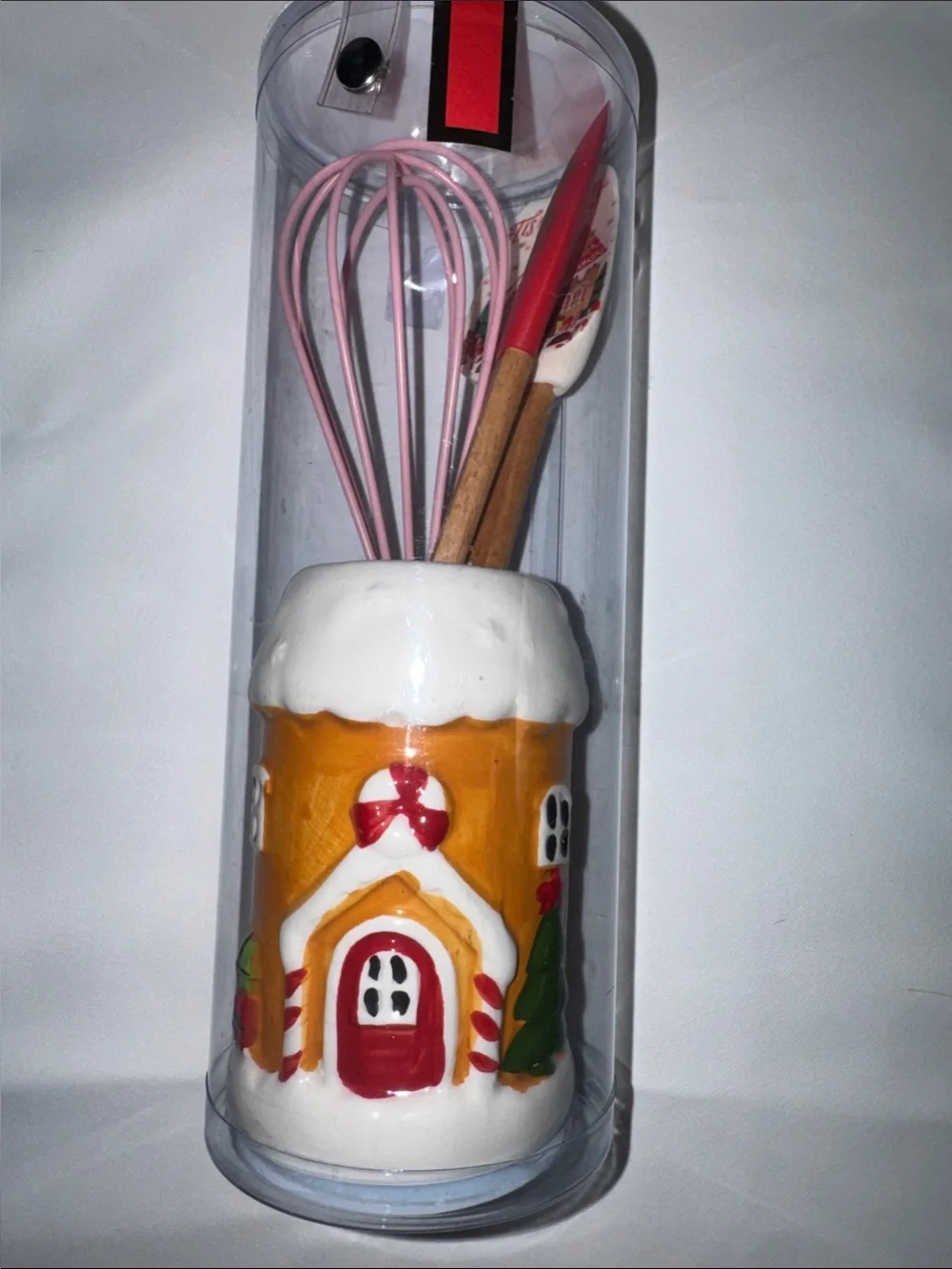Ceramic Gingerbread House Utensil Holder with Pink Silicone Whisk
